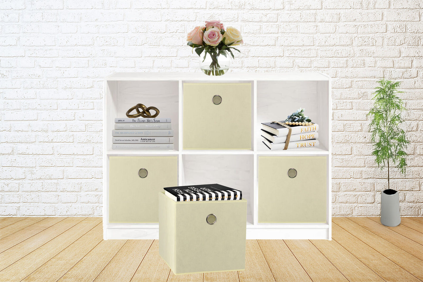 Beige 8-Pack Foldable Storage Cubes - Fabric Bookcase Organisers