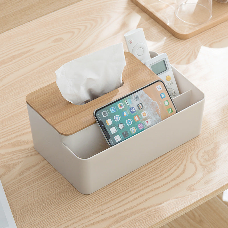 Multifunctional Tissue Box Organizer - Bamboo Lid with Dividers for Desktop Storage - Storage Nook