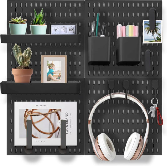 Pegboard Combination Kit with 4 Pegboards and 18 Accessories Modular Hanging for Wall Organiser - Black