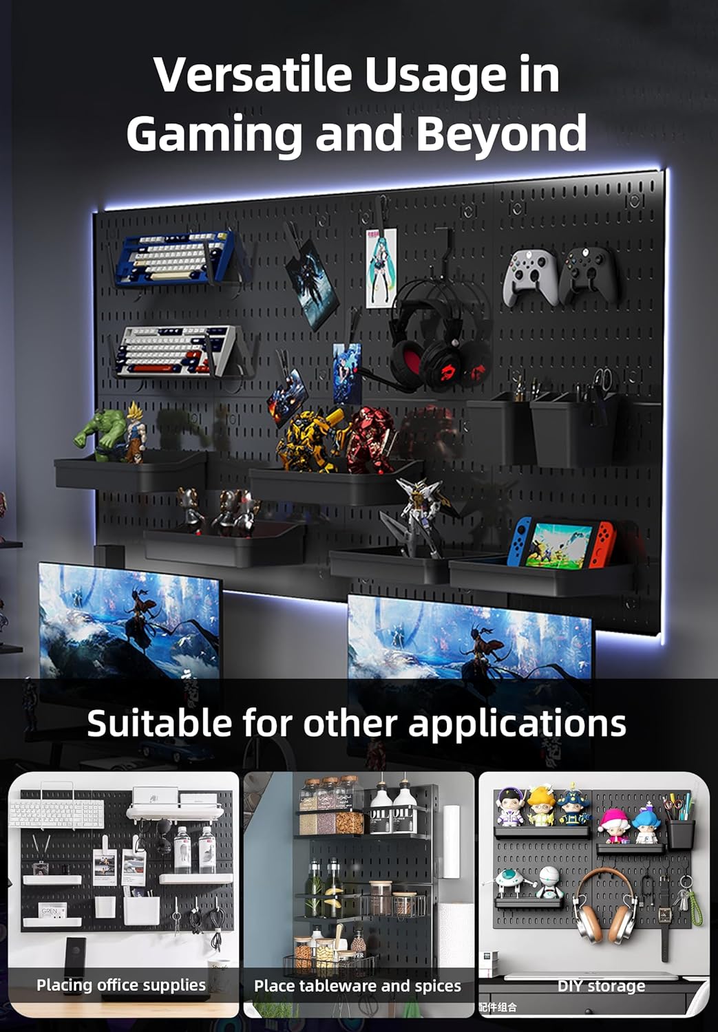 Pegboard Combination Kit with 4 Pegboards and 18 Accessories Modular Hanging for Wall Organiser - Black