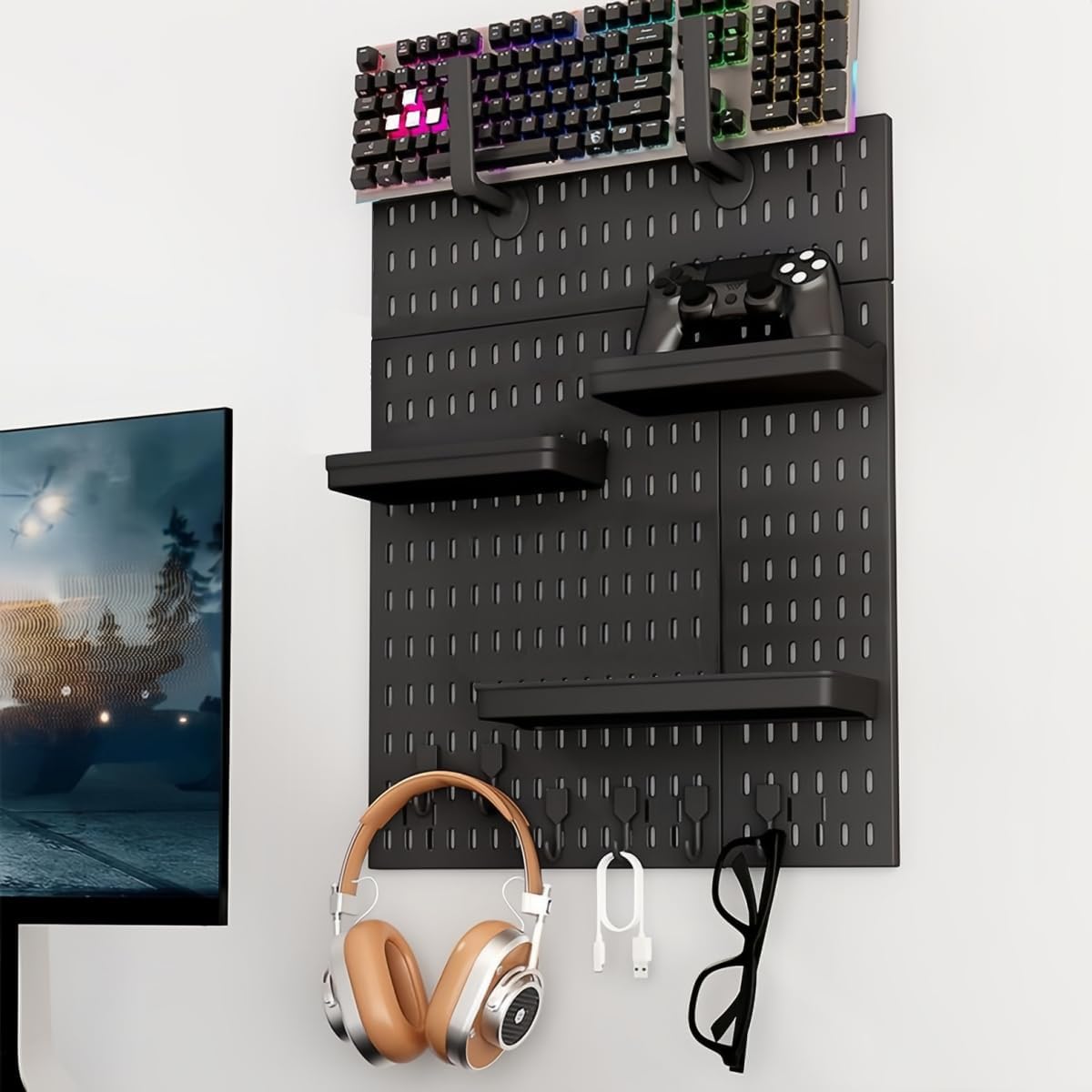 Pegboard Combination Kit with 4 Pegboards and 18 Accessories Modular Hanging for Wall Organiser - Black