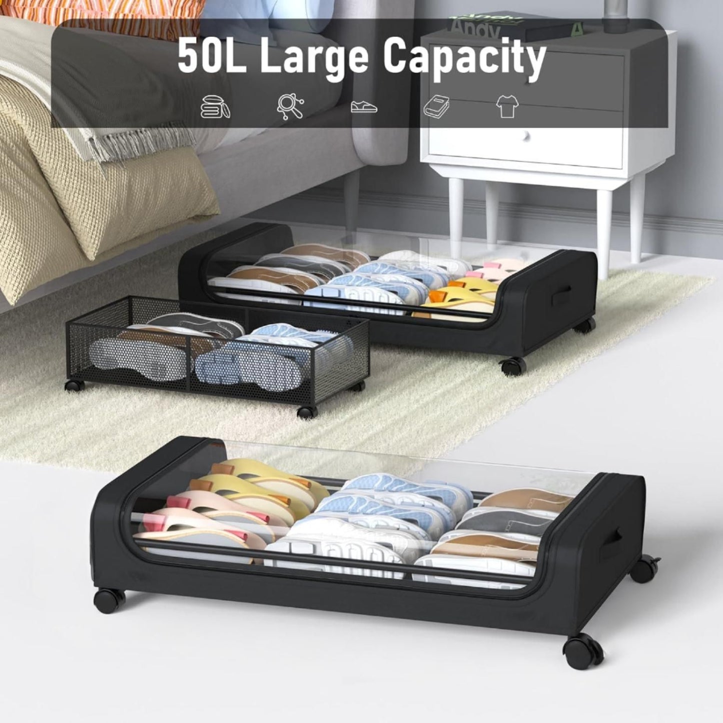 Under Bed Rolling Storage Containers with 50L Large Capacity and Wheels