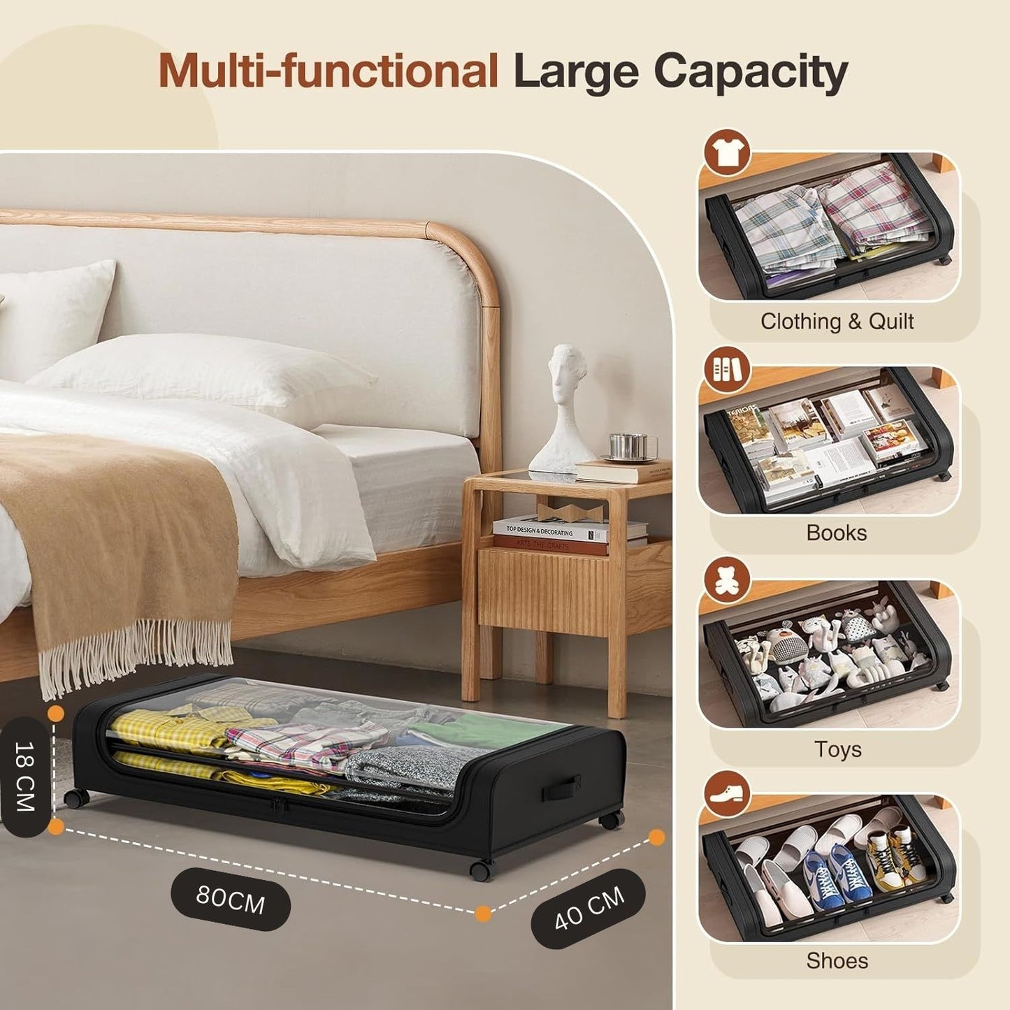 Under Bed Rolling Storage Containers with 50L Large Capacity and Wheels