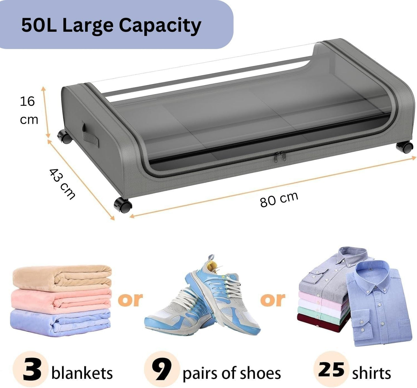 Under Bed Rolling Storage Containers with 50L Large Capacity and Wheels