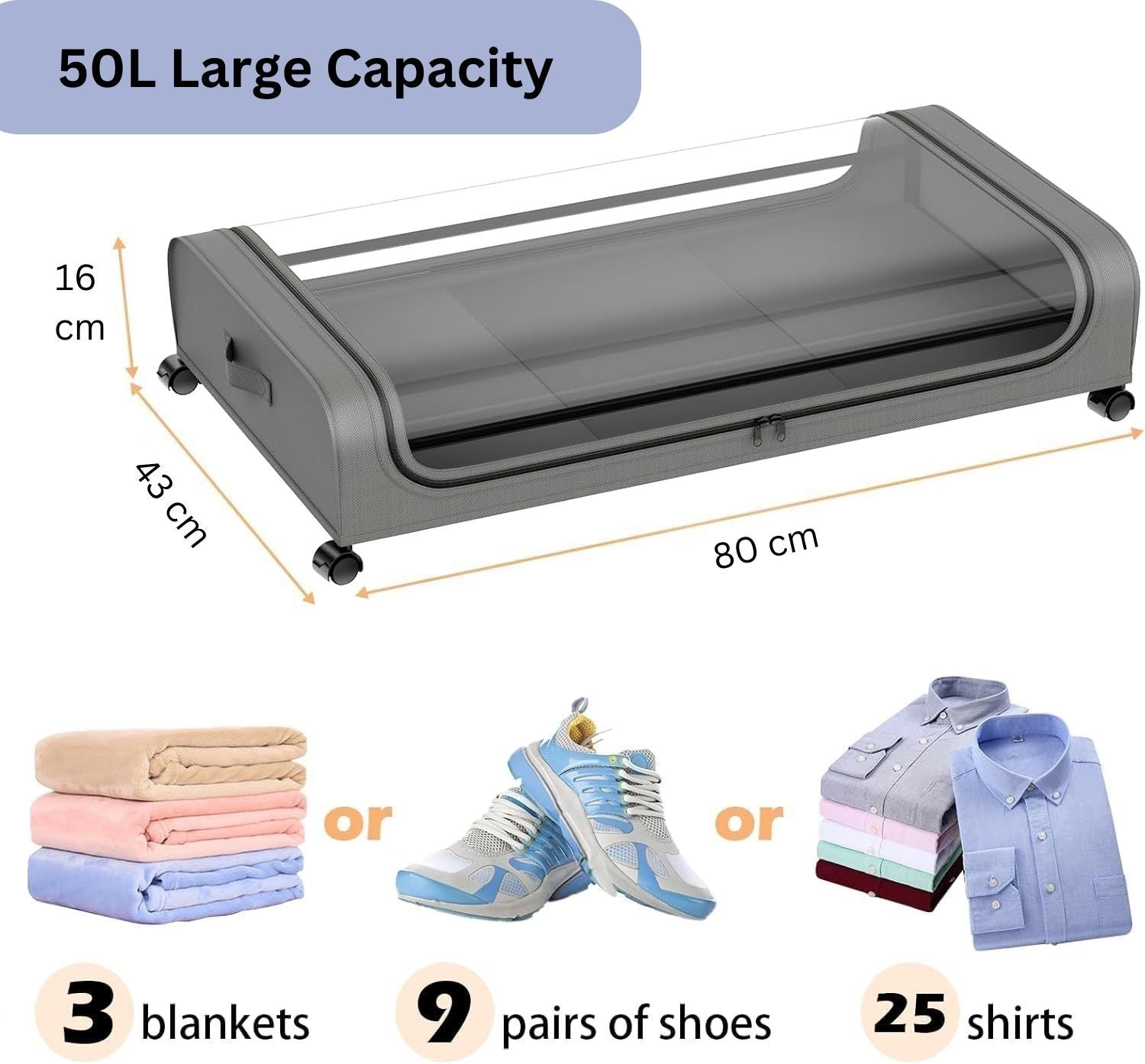 Under Bed Rolling Storage Containers with 50L Large Capacity and Wheels