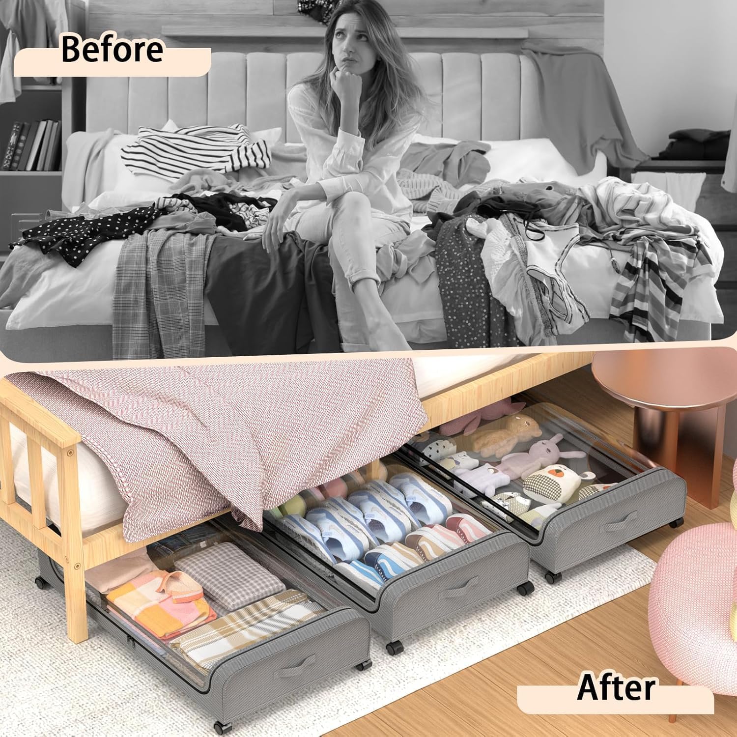 Under Bed Rolling Storage Containers with 50L Large Capacity and Wheels