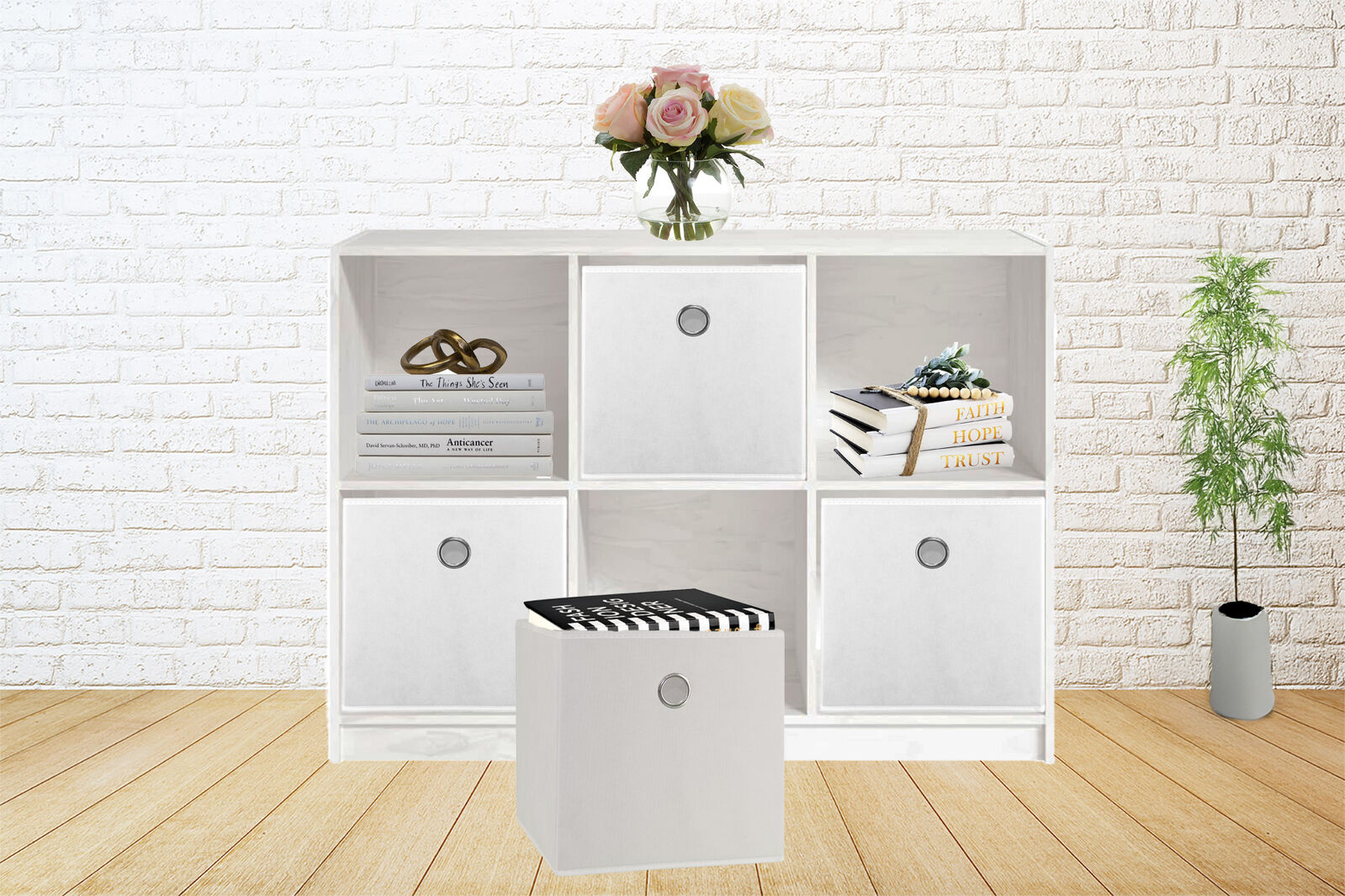SORTI 33x33x27 CM White 6-Pack Foldable Storage Cubes - Fabric Bookcase Organizers for Toys and More