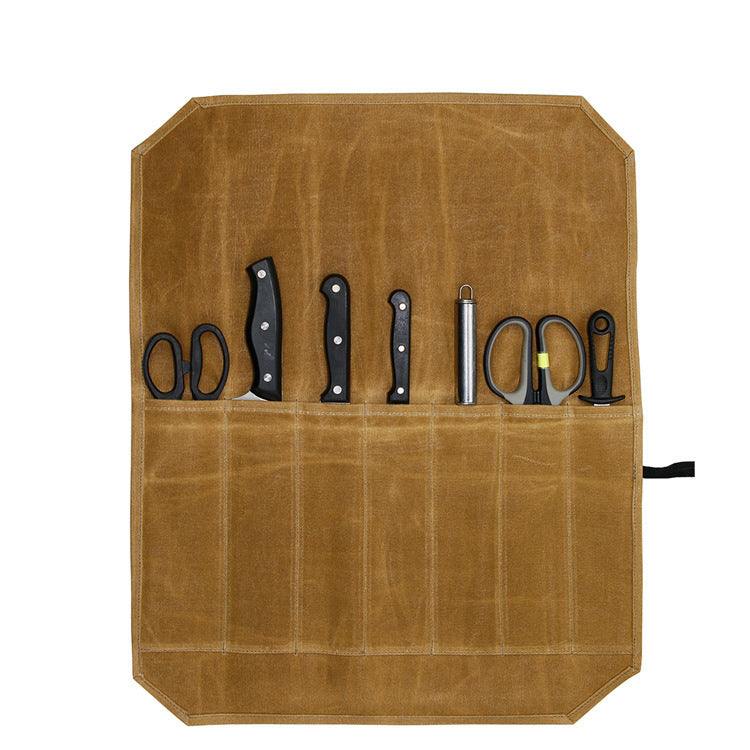 Durable Waxed Canvas Knife Roll Bag - Portable Chef Tool Organizer