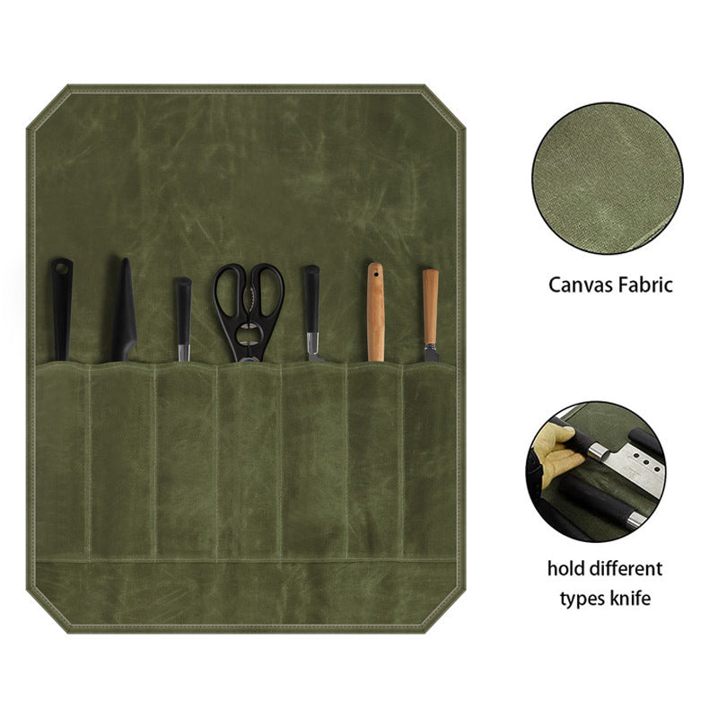 Durable Waxed Canvas Knife Roll Bag - Portable Chef Tool Organizer