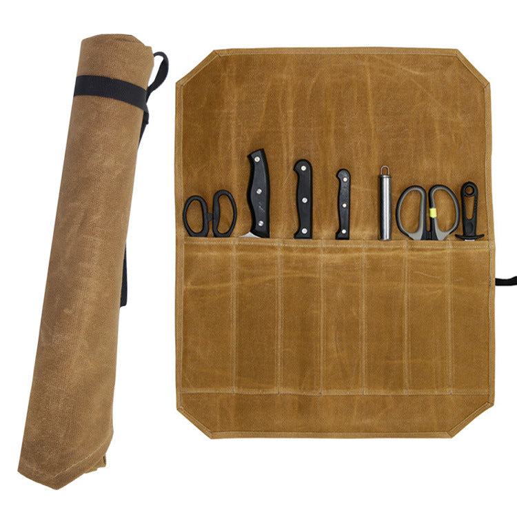Durable Waxed Canvas Knife Roll Bag - Portable Chef Tool Organizer
