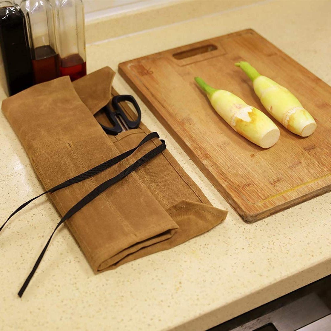 Durable Waxed Canvas Knife Roll Bag - Portable Chef Tool Organizer