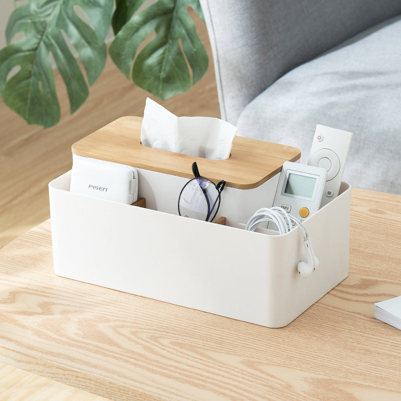 Multifunctional Tissue Box Organizer - Bamboo Lid with Dividers for Desktop Storage - Storage Nook