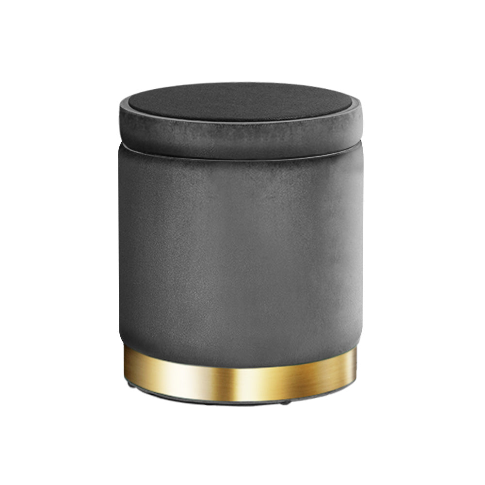 Ottoman Storage Foot Stool Round Velvet - Grey