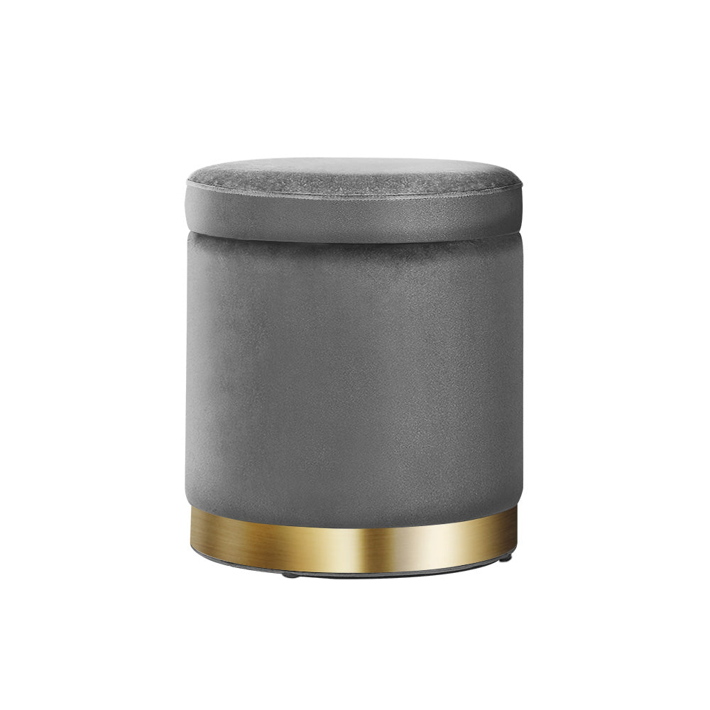Ottoman Storage Foot Stool Round Velvet - Grey