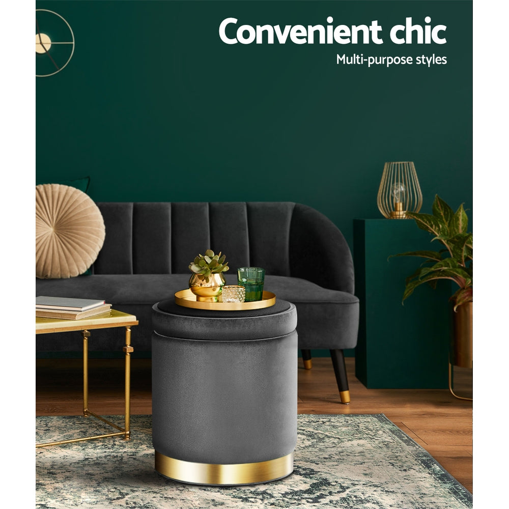 Ottoman Storage Foot Stool Round Velvet - Grey