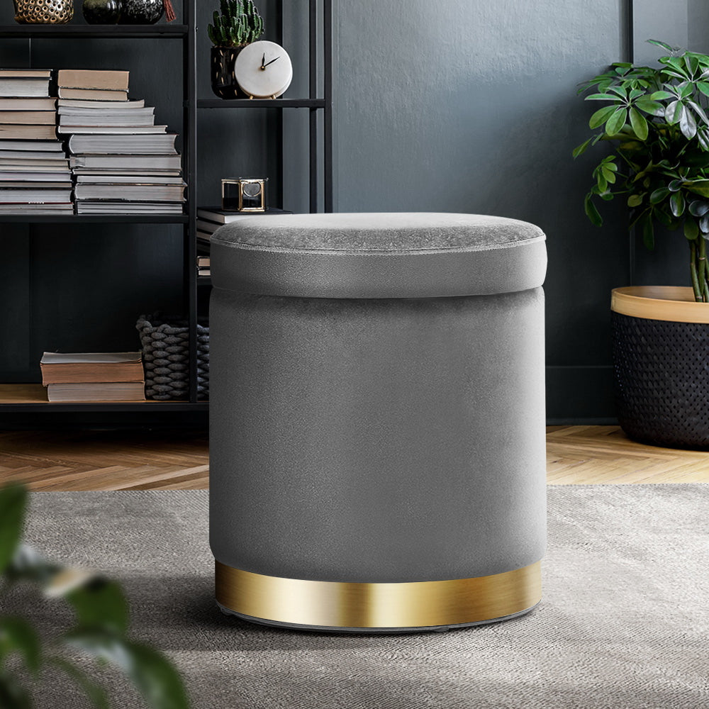 Ottoman Storage Foot Stool Round Velvet - Grey