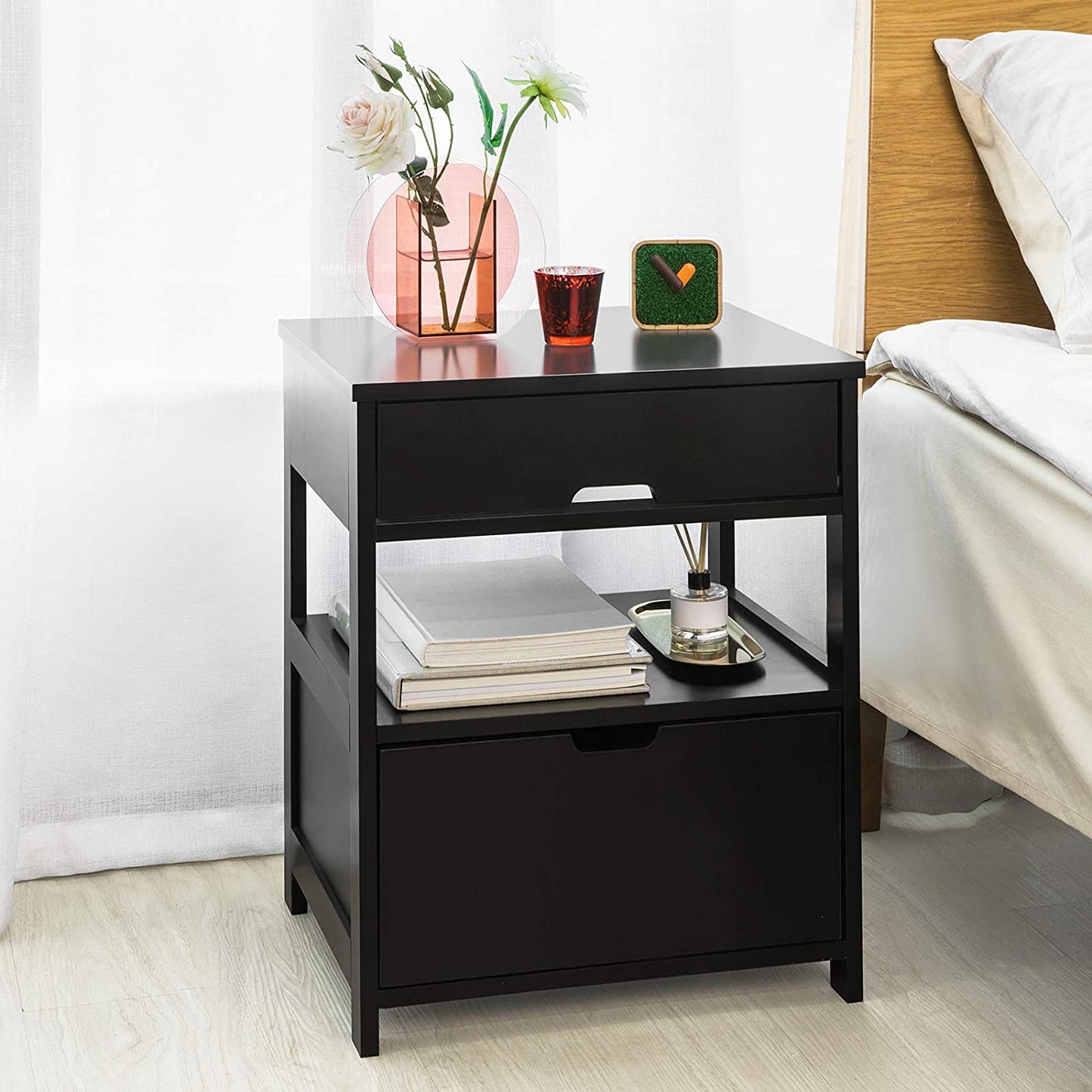 bedroom storage, bedside table, storage nook
