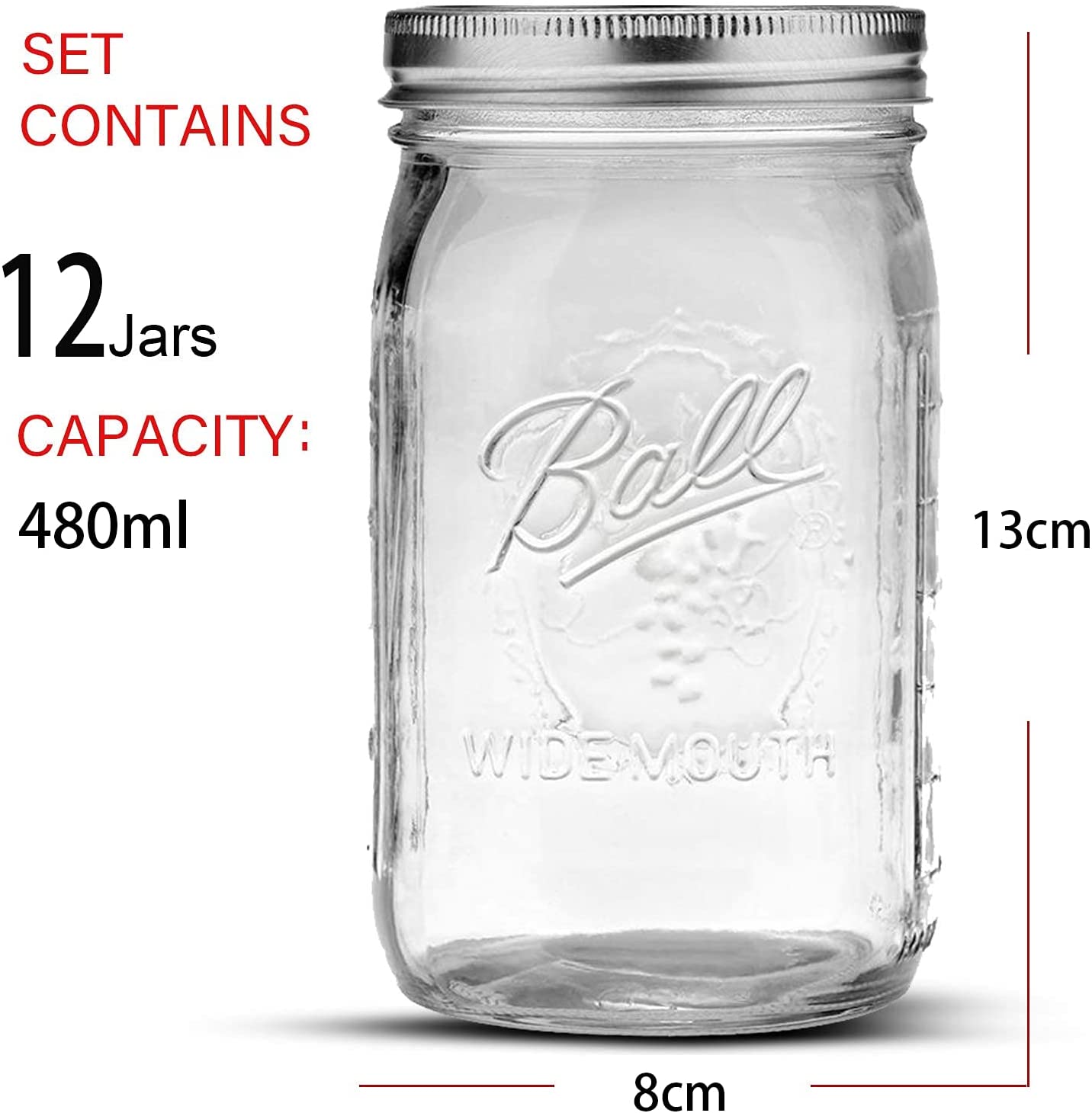 Canning Jars - 12 Pieces 480ml Empty Glass Spice Bottles with Airtight Lids and Labels